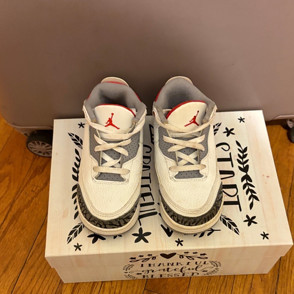 Jordan Kids White and Gray Sneakers with Red Accents